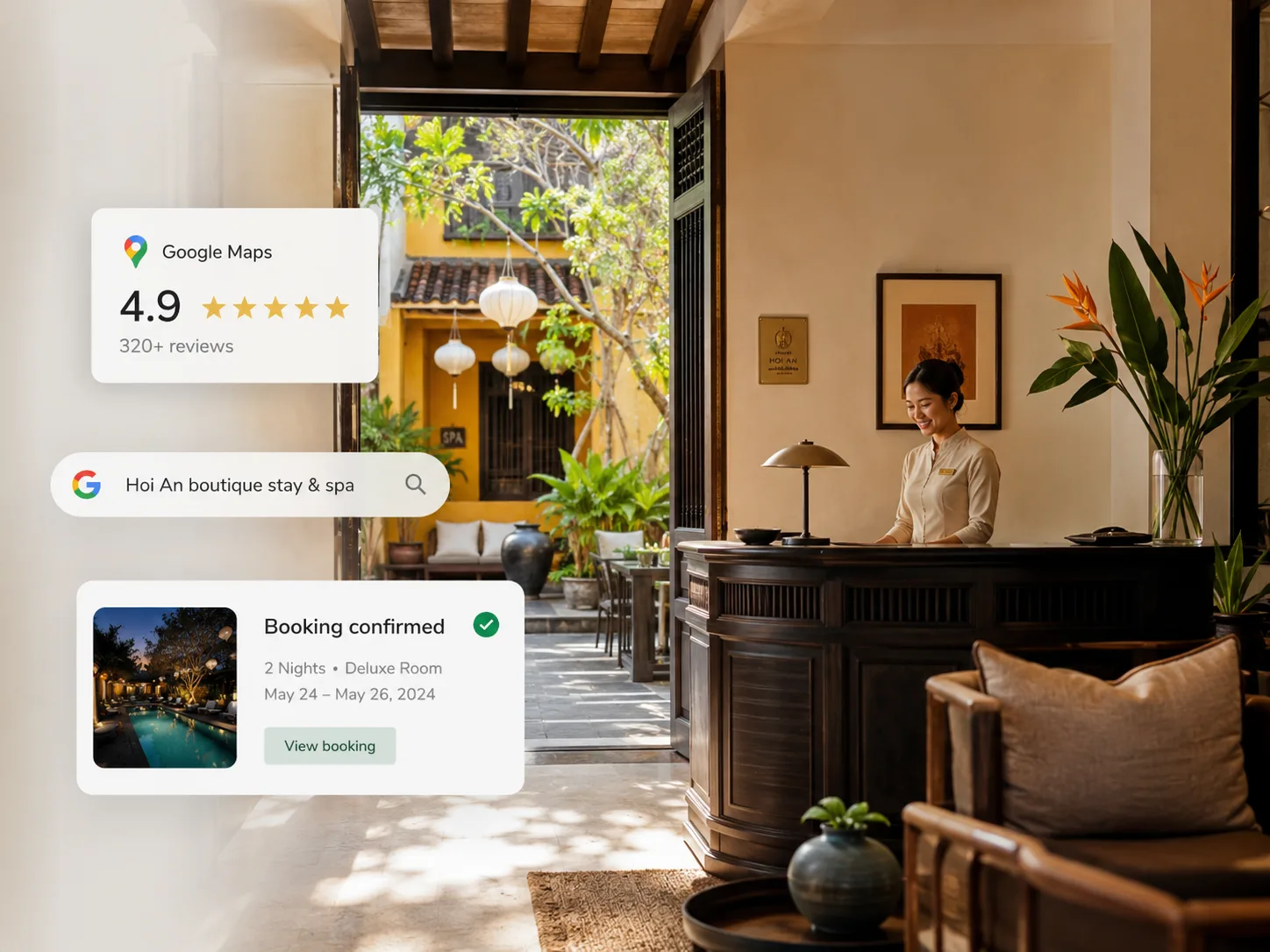 Khách tìm thấy doanh nghiệp dịch vụ tại Hội An qua website và Google Maps, rồi đi đến bước đặt dịch vụ